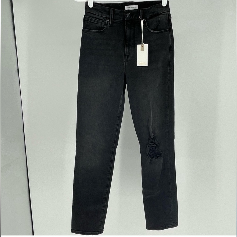 GOOD AMERICAN NWT GOOD CLASSIC RIPPED HIGH WAIST STRAIGHT LEG JEANS BLACK 206 24 - Picture 4 of 11
